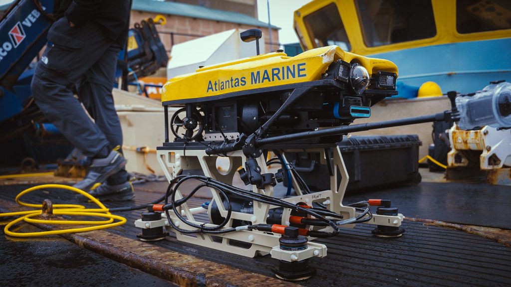 Atlantas Marine ROV on the deck of a workboat during sea trials at Portland