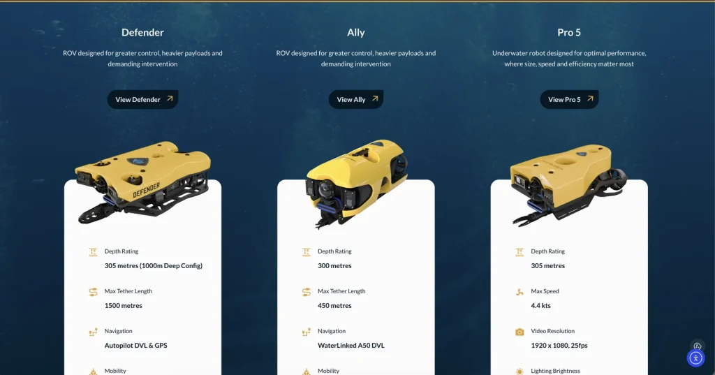 Atlantas Marine product range web page showing three ROVs with key specifications
