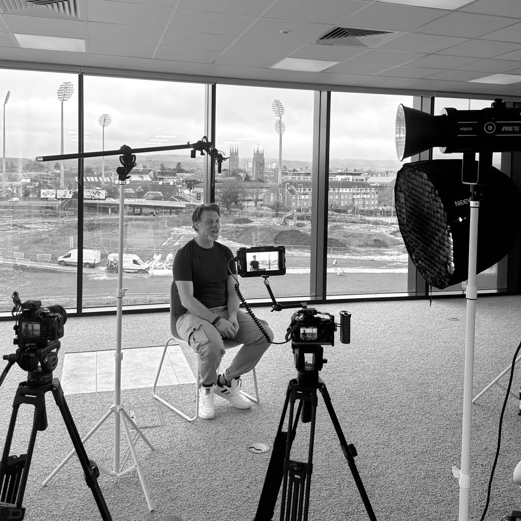 Interview set-up with cameras and lighting