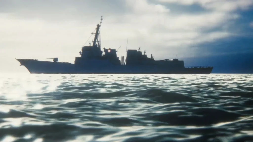 3D animated warship at sea from the FE-1 film