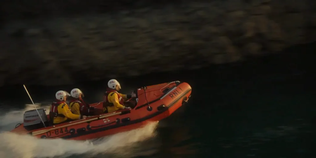 Dunbar RNLI lifeboat crew at speed
