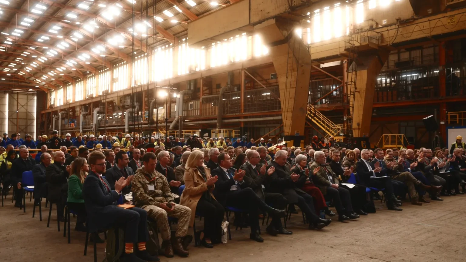 Audience in the Appledore shipyard hall for the first steel cut