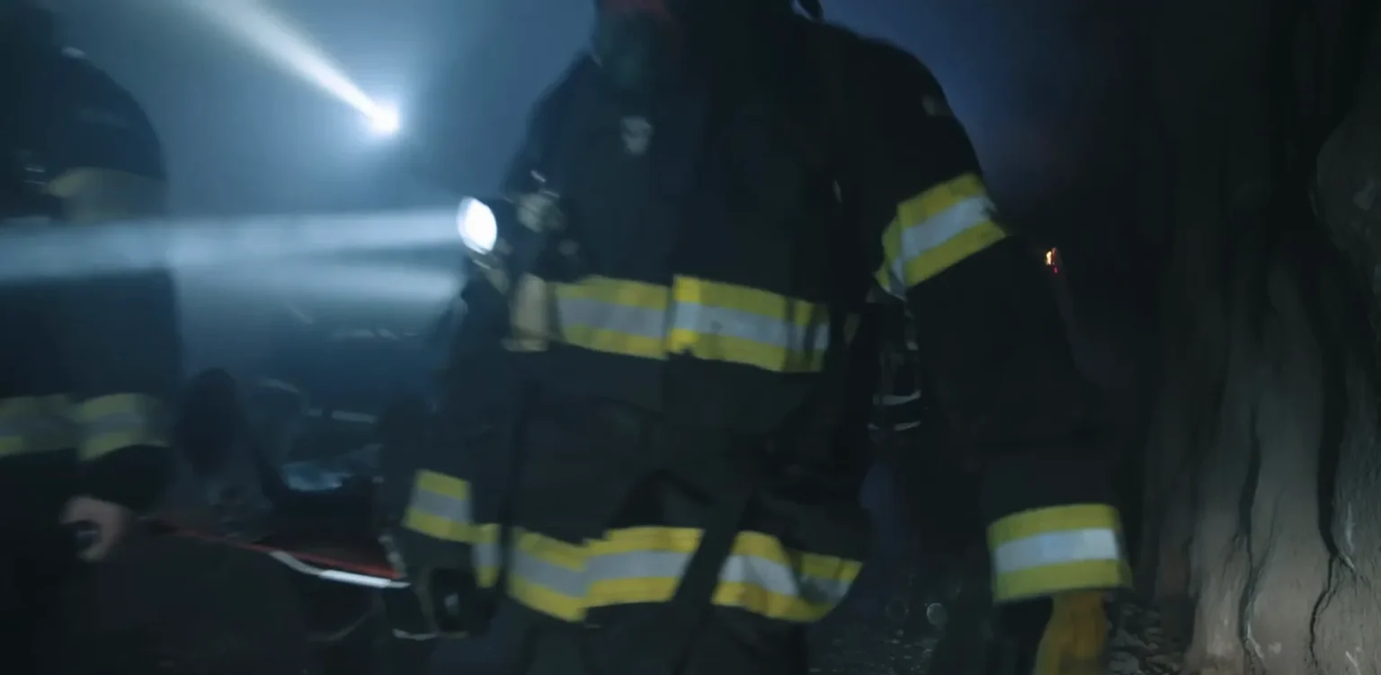 Rescuer with a torch in a smoke-filled confined space