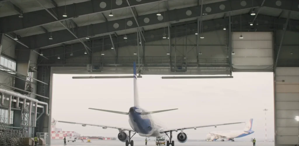 Aircraft seen from a hangar at Gatwick Airport